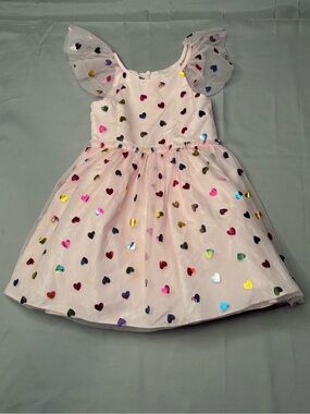 Pippa & Julie Girls Light Pink Tulle Dress with Metallic Rainbow Heart Size 3T